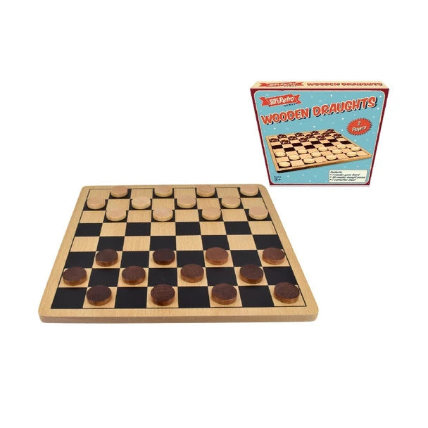 Retro Wooden Draughts Board set up on wooden board with retail box