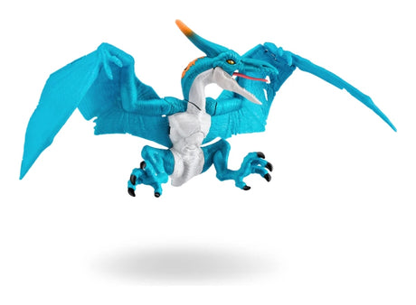 Robo Alive Dino Action Pterodactyl toy angled front view with wings fully spread, open beak showing teeth, orange crest and extended claws