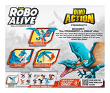 Robo Alive Dino Action Pterodactyl retail box back displaying feature graphics for light and sound, moving wings and claw action with product images and text panels