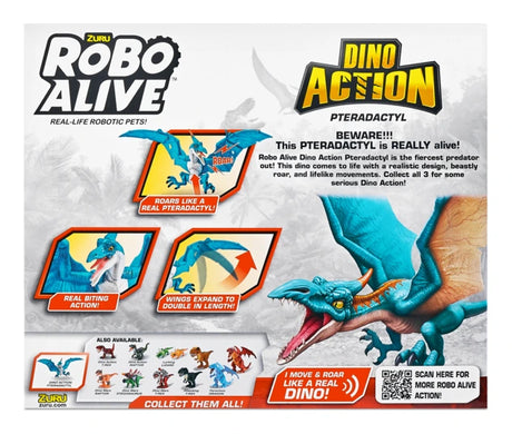 Robo Alive Dino Action Pterodactyl retail box back displaying feature graphics for light and sound, moving wings and claw action with product images and text panels