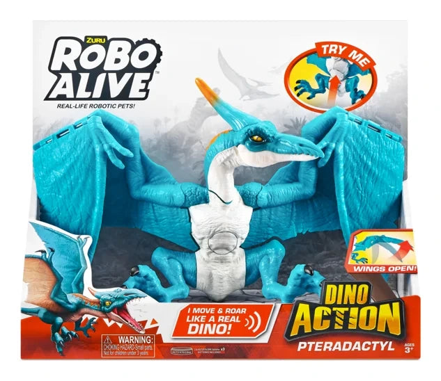 Robo Alive Dino Action Pterodactyl retail box front showing turquoise pterodactyl with white chest, orange crest and wings open with Try Me badge