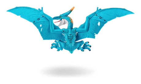 Robo Alive Dino Action Pterodactyl toy rear view showing turquoise and blue body with orange head crest, wings fully extended