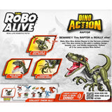 Robo Alive Dino Action Raptor retail box back displaying feature panels for roaring sound, claw action and product images
