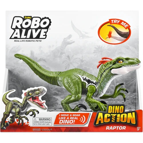 Robo Alive Dino Action Raptor retail box front showing green raptor with open mouth and Try Me badge