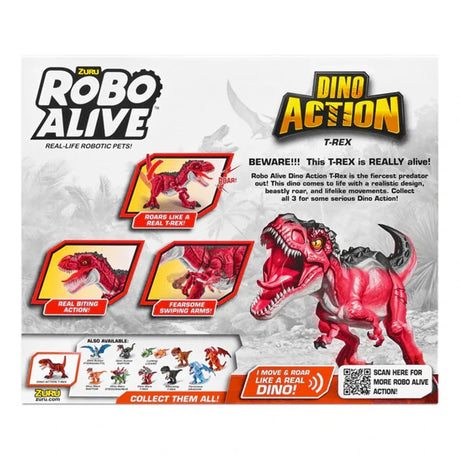 Robo Alive Dino Action T-Rex retail box back displaying feature panels for roaring sound, biting action and arm movement with product images