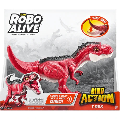 Robo Alive Dino Action T-Rex retail box front showing red T-Rex with black back detail, open jaw and Try Me badge