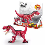 Robo Alive Dino Action T-Rex toy posed in front of retail packaging with open jaw, black dorsal detail and raised claws