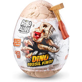 Robo Alive Dino Fossil Find egg packaging on white background with dinosaur skull artwork and gold hammer attached
