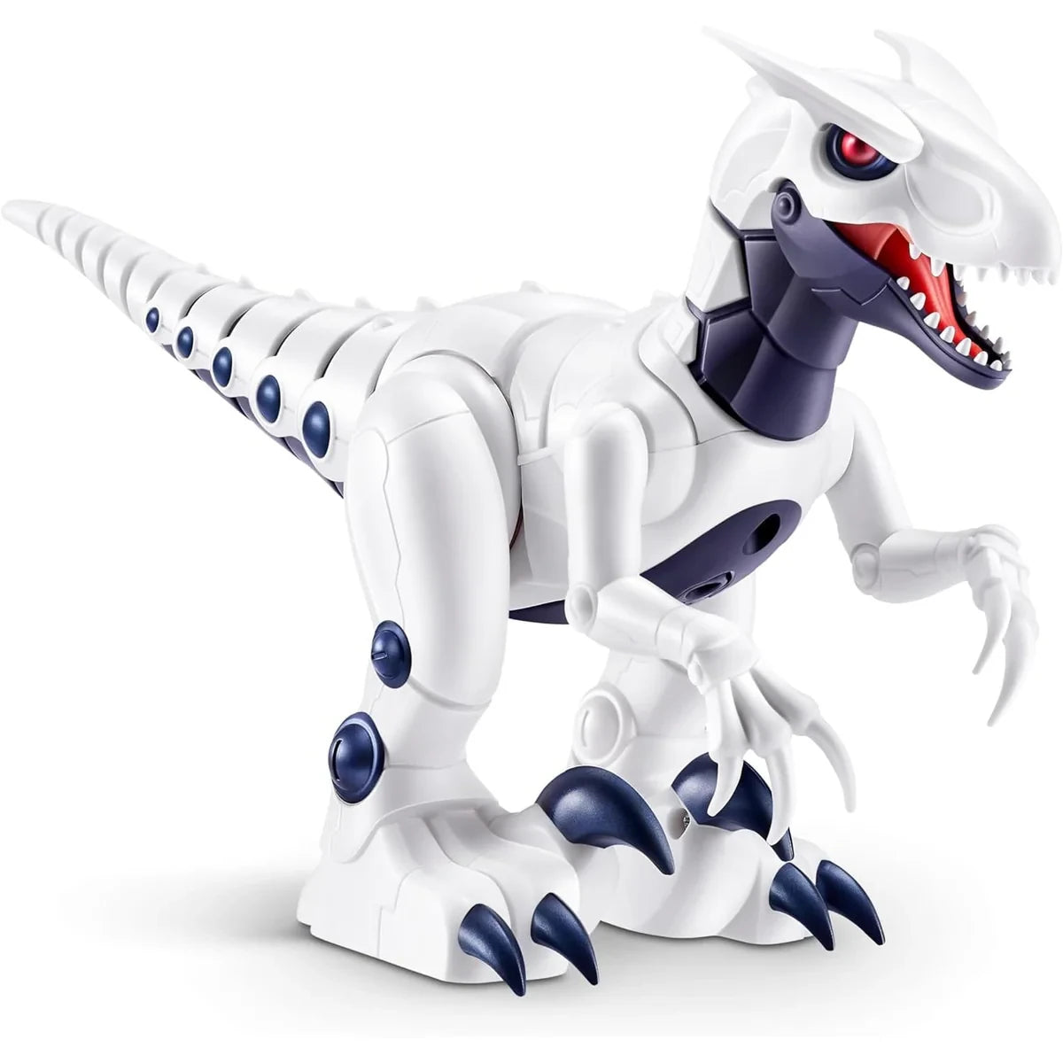 White Robo Alive Robo Dino Raptor toy figure with red eye, open mouth and navy blue mechanical joints on white background