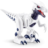White Robo Alive Robo Dino Raptor toy figure with red eye, open mouth and navy blue mechanical joints on white background