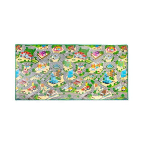 Rollmatz City Playmat 200 x 120 cm showing the full illustrated city map with roads, roundabouts, buildings, parks and playgrounds