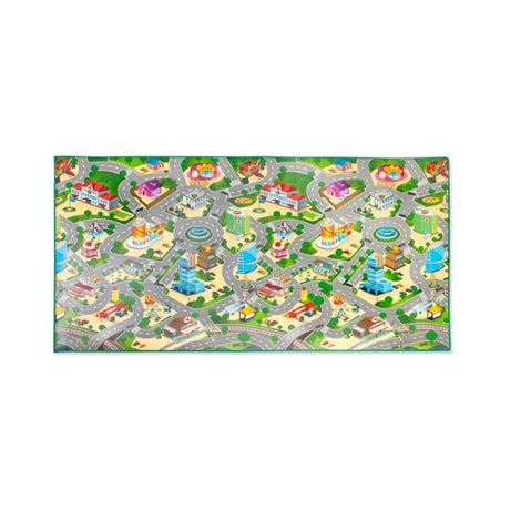 Rollmatz City Playmat 200 x 120 cm showing the full illustrated city map with roads, roundabouts, buildings, parks and playgrounds