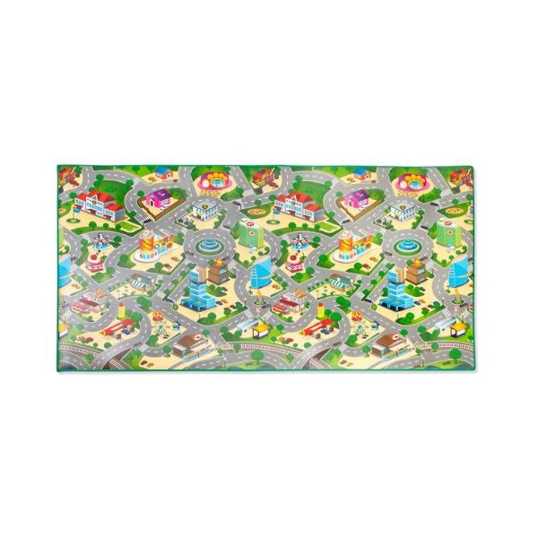 Rollmatz City Playmat 200 x 120 cm showing the full illustrated city map with roads, roundabouts, buildings, parks and playgrounds