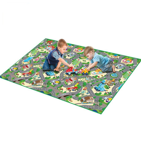 Two young children playing with toy trucks on the Rollmatz City Playmat, showing the illustrated road layout and 2021 Right Start Awards badge