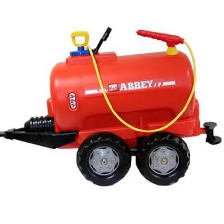 Red Rolly Abbey Tanker with Pump featuring twin axles, spray hose, and rear spreader shown on a white background.