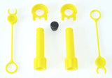 Yellow Rolly loader assembly parts laid out on a white background including connectors and pins