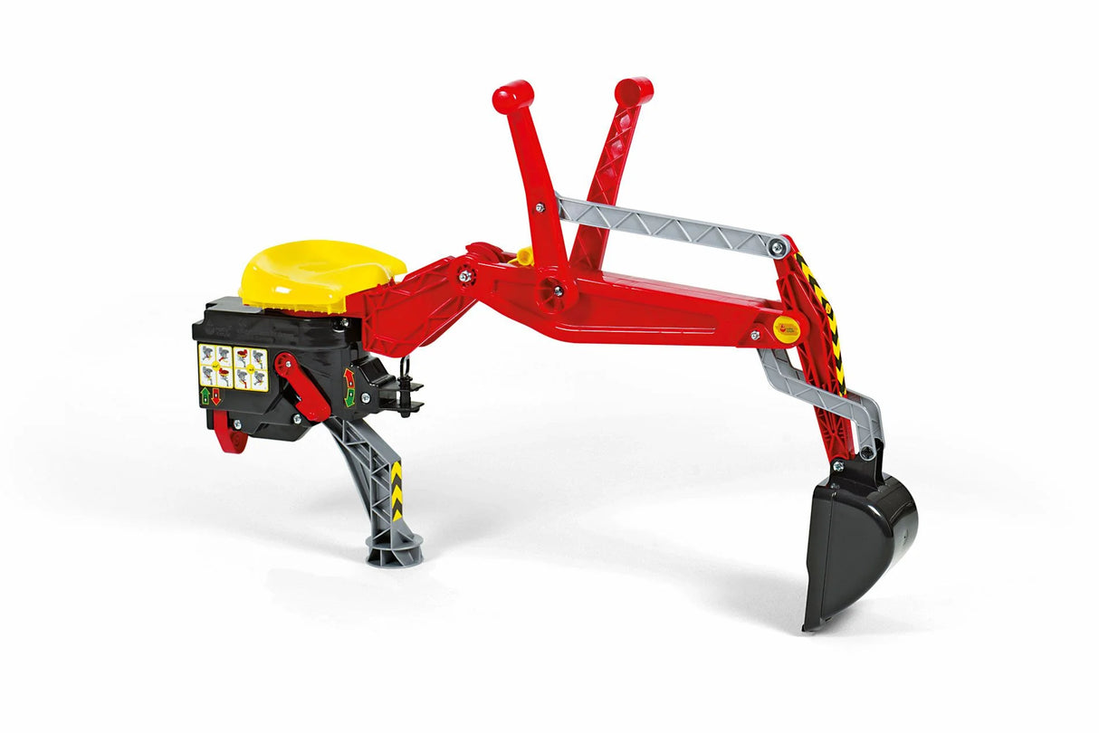 Full Rolly backhoe digger attachment with red arms, yellow seat and black digging bucket on a white background
