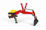 Full Rolly backhoe digger attachment with red arms, yellow seat and black digging bucket on a white background