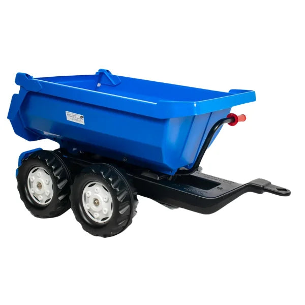 Blue Rolly Halfpipe trailer with four wheels and deep tipping body shown on a white background