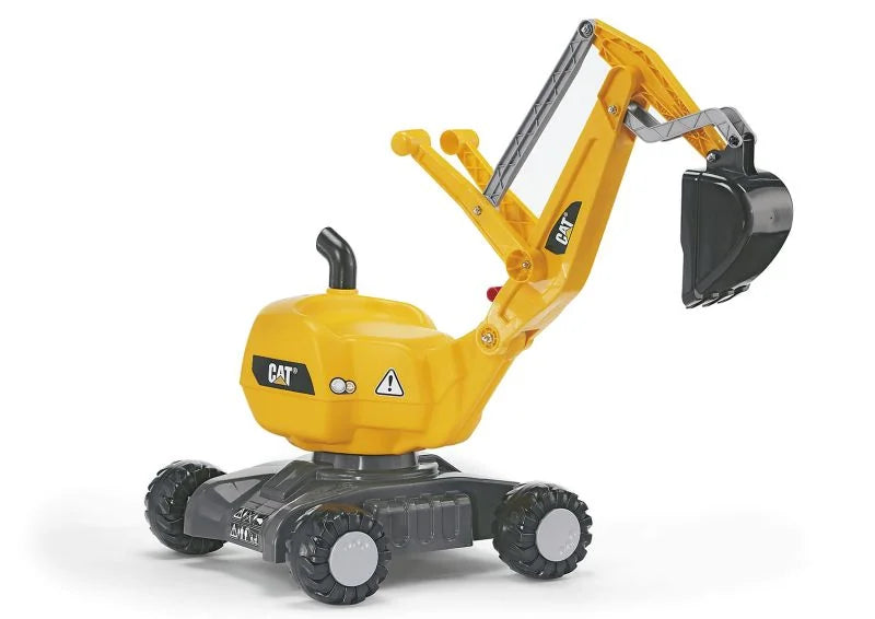 CAT themed Rolly digger on wheels shown from the front angle on a white background