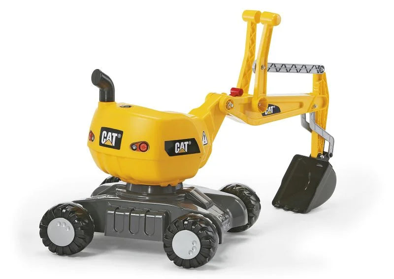 CAT themed Rolly digger on wheels displayed from the rear angle on a white background