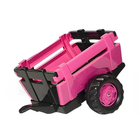 Pink Rolly farm trailer with black frame and single axle wheels shown on a white background