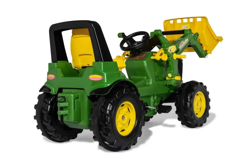 Rear view of the Rolly Farmtrac John Deere 7310R showing seat, roll bar and tyres on a white background