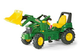 Rolly Farmtrac John Deere 7930 ride on tractor toy with raised front loader and detailed green and yellow body shown at an angle