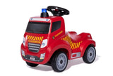 Red Ferbedo ride on fire truck with yellow stripes, blue flashing light on top and number 112 on the side
