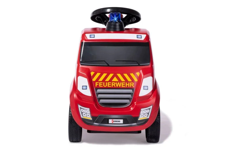 Front view of the red Ferbedo ride on fire truck showing steering wheel, grille and blue flashing light