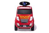 Front view of the red Ferbedo ride on fire truck showing steering wheel, grille and blue flashing light