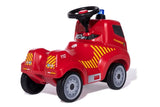 Side and rear angle of the Ferbedo ride on fire truck with quiet tyres, rear coupling and bright fire engine markings