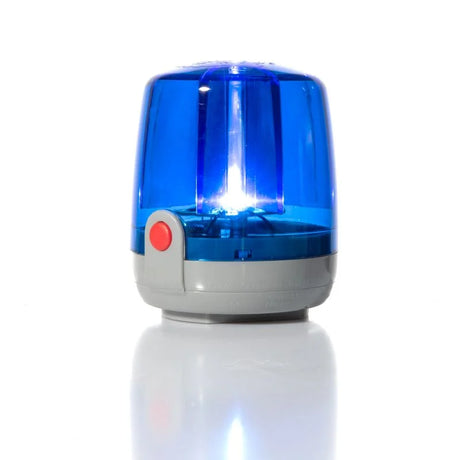 Rolly flashing blue light shown upright on a white background with the light illuminated