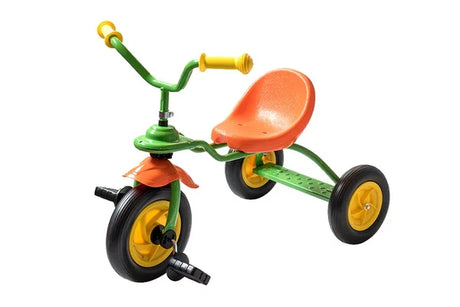 Side angled view of the green Rolly Dodo trike with orange seat and black tyres on white background