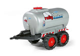 Rolly grey water tanker trailer for pedal tractors with elephant decal, red wheels, black tow hitch and top screw cap on white background