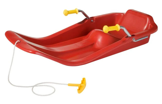 Red Rolly Jetstar snow sleigh on a white background with yellow brake handles and pull rope