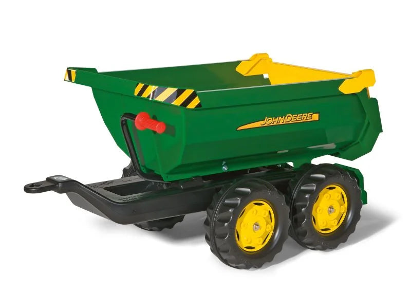 Green Rolly John Deere halfpipe trailer with twin axles and deep tipping body shown on a clean white background.