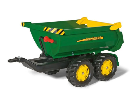 Green Rolly John Deere halfpipe trailer with twin axles and deep tipping body shown on a clean white background.
