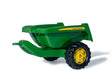 Green Rolly John Deere Tipper Trailer with single axle and yellow wheels shown on a white background.