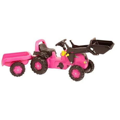 Pink pedal tractor toy showing raised loader arm, seat, wheels, and steering wheel on a white background