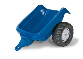 Blue Rolly Kid single axle trailer with black frame and wheels shown on a white background