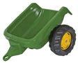Green Rolly Kid single axle trailer with yellow wheel hub and open cargo bed shown on a white background