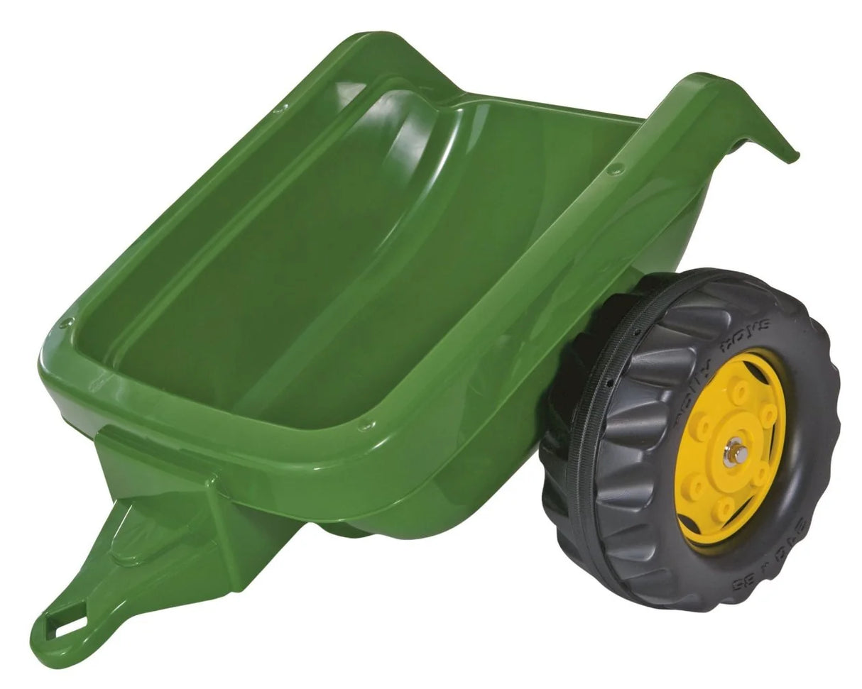 Green Rolly Kid single axle trailer with yellow wheel hub and open cargo bed shown on a white background