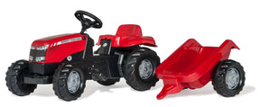 Rolly Massey Ferguson ride-on tractor with trailer side view.