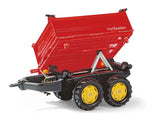 Rolly Mega Trailer shown tipping to the side with its red panel lifted and twin axle wheels visible.