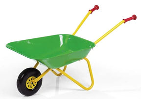Green Rolly metal wheelbarrow with yellow frame, single black wheel and red handles on a white background