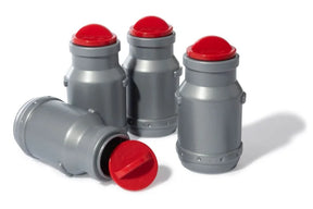 Four grey Rolly milk churn toys with red lids arranged together on a white background