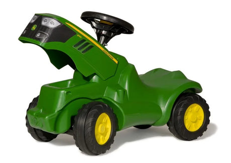 Rolly Minitrac John Deere 6150R ride on tractor with the bonnet open showing the small storage compartment on a white background