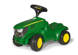 Rolly Minitrac John Deere 6150R green ride on tractor with yellow wheels and steering wheel on a white background