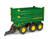 Green Rolly Multi Trailer John Deere with three axles and foldable side panels shown on a white background.